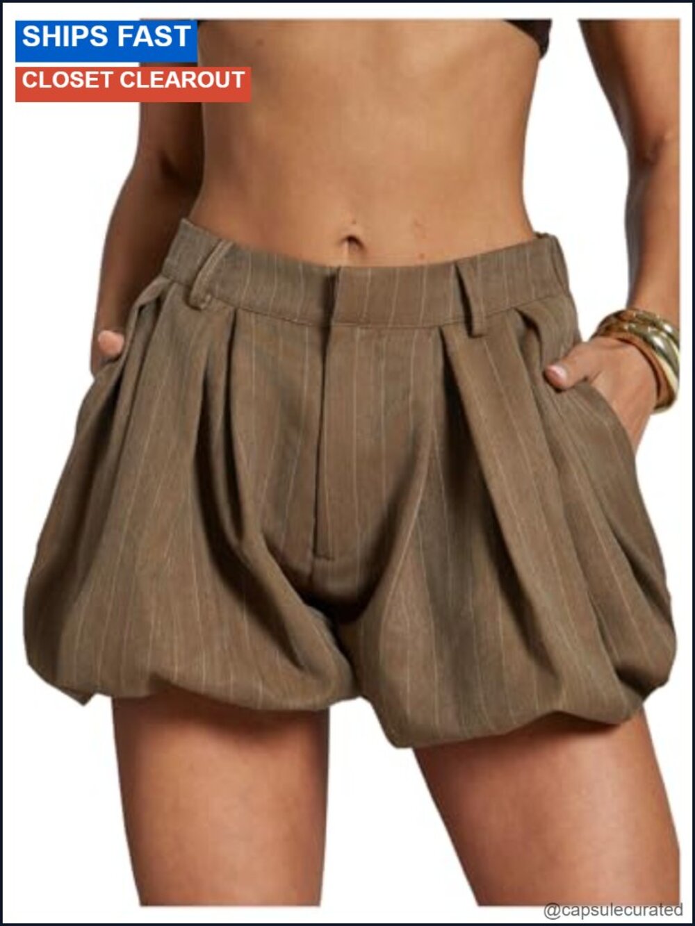 Striped Bubble Shorts High Waisted Puffy Mini with Pockets